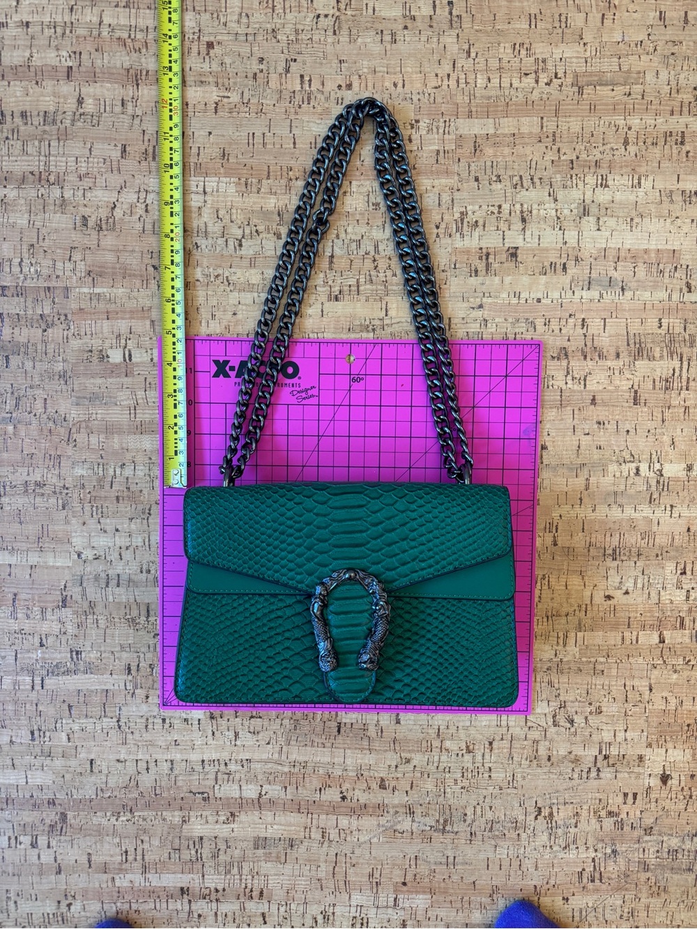 Green Snake-Embossed Chain Shoulder Bag